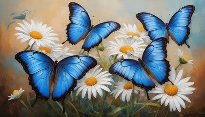 Oil paint was used to create vibrant blue tropical morpho butterflies on delicate daisy blossoms.