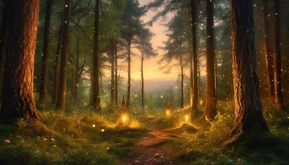 Wall Mural - magical fantasy fairy tale scenery night in a forest made with generative ai