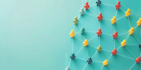 A colorful network of people is connected by pins. Concept of a diverse group of individuals coming together and forming a strong bond. Scene is positive and uplifting