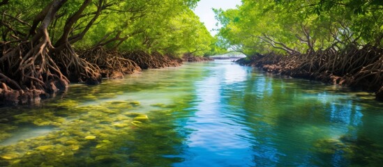 Poster - Scenic view of a tranquil river passing through a dense forest with vibrant green trees alongside