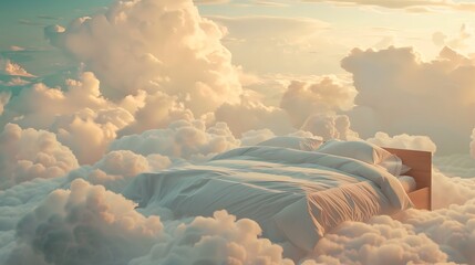 a bed in the soft vanila dream clouds. a good dream concept.