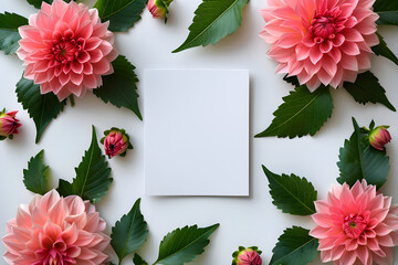 Square white blank card with pink dahlia flowers and leaves, ideal for greeting cards, invitations, or stationery.