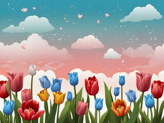 Leinwandbilder - A horizontal banner featuring a sky, flowers, and paper-cut clouds with space for text is ideal for a Happy Mother's Day sale header or voucher template with tulips. A spring border frame and promo c.
