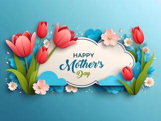 Leinwandbilder - A horizontal banner featuring a sky, flowers, and paper-cut clouds with space for text is ideal for a Happy Mother's Day sale header or voucher template with tulips. A spring border frame and promo c.