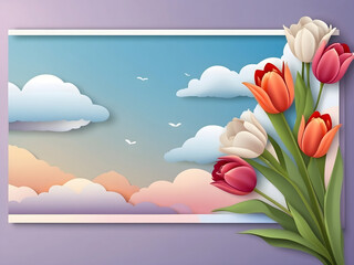 Leinwandbilder - A horizontal banner featuring a sky, flowers, and paper-cut clouds with space for text is ideal for a Happy Mother's Day sale header or voucher template with tulips. A spring border frame and promo c.