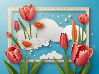 Leinwandbilder - A horizontal banner featuring a sky, flowers, and paper-cut clouds with space for text is ideal for a Happy Mother's Day sale header or voucher template with tulips. A spring border frame and promo c.