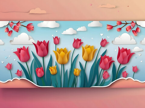 A horizontal banner featuring a sky, flowers, and paper-cut clouds with space for text is ideal for a Happy Mother's Day sale header or voucher template with tulips. A spring border frame and promo c.