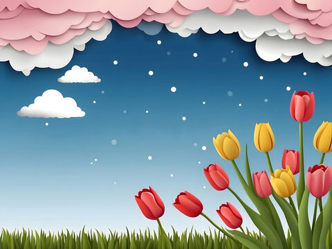 A horizontal banner featuring a sky, flowers, and paper-cut clouds with space for text is ideal for a Happy Mother's Day sale header or voucher template with tulips. A spring border frame and promo c.