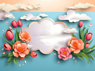 Leinwandbilder - A horizontal banner featuring a sky, flowers, and paper-cut clouds with space for text is ideal for a Happy Mother's Day sale header or voucher template with tulips. A spring border frame and promo c.