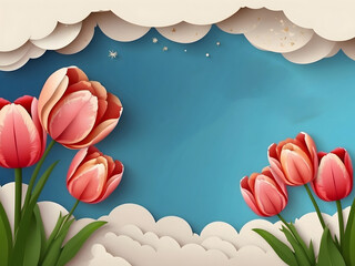 Leinwandbilder - A horizontal banner featuring a sky, flowers, and paper-cut clouds with space for text is ideal for a Happy Mother's Day sale header or voucher template with tulips. A spring border frame and promo c.