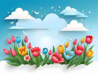 Leinwandbilder - A horizontal banner featuring a sky, flowers, and paper-cut clouds with space for text is ideal for a Happy Mother's Day sale header or voucher template with tulips. A spring border frame and promo c.