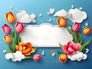 Leinwandbilder - A horizontal banner featuring a sky, flowers, and paper-cut clouds with space for text is ideal for a Happy Mother's Day sale header or voucher template with tulips. A spring border frame and promo c.