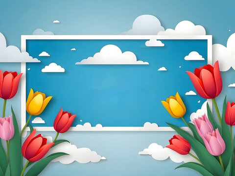 A horizontal banner featuring a sky, flowers, and paper-cut clouds with space for text is ideal for a Happy Mother's Day sale header or voucher template with tulips. A spring border frame and promo c.