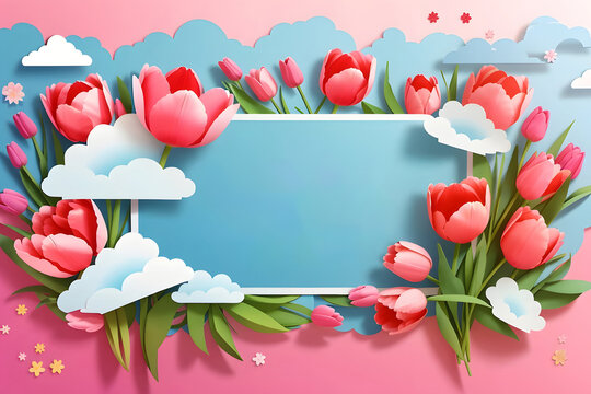A horizontal banner featuring a sky, flowers, and paper-cut clouds with space for text is ideal for a Happy Mother's Day sale header or voucher template with tulips. A spring border frame and promo c.