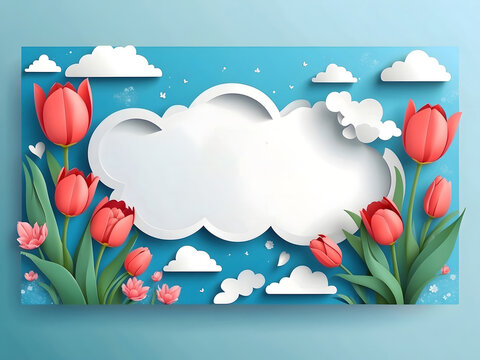 A horizontal banner featuring a sky, flowers, and paper-cut clouds with space for text is ideal for a Happy Mother's Day sale header or voucher template with tulips. A spring border frame and promo c.