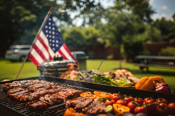 Wall Mural - July 4 celebration: American flag proudly waving at a barbecue in the park, symbolizing unity and freedom