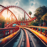 Fototapeta Londyn - Roller coaster in motion at an amusement park.