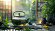 
green tea brewed in a teapot, the concept of Chinese tea drinking