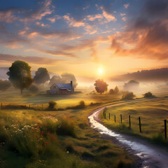 Poster - Sunrise over a peaceful countryside