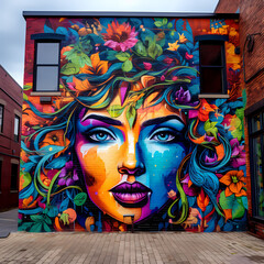 Canvas Print - Vibrant street art on an old brick wall. 