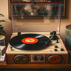 Poster - Vintage record player with vinyl records.