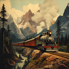 Sticker - Vintage train traveling through a mountain pass. 