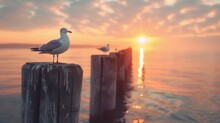 Sunrise At A Seaside Pier, With Seagulls Perched On Weathered Wooden Posts