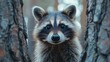 A curious raccoon peeking out from behind a tree in a lush forest, with its eyes wide and alert, greenery and raccoon's natural camouflage fitting together created with Generative AI Technology