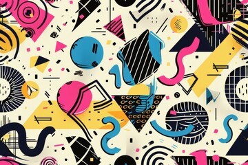 Wall Mural - A colorful, abstract design with many shapes and lines. Risograph effect, trendy riso style