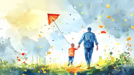 Fathers Day card with cute watercolor illustration of dad with son fly a kite and walking together, modern typography, holiday wishes. Father's Day templates for poster, cover, banner, social media