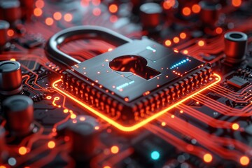 Canvas Print - A computer chip with a red glowing lock on it