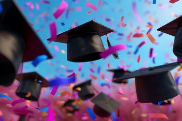 Wall Mural - A group of graduation caps are flying through the air