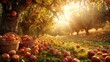 Rustic apple orchard at harvest time, baskets of fruit under gnarled trees