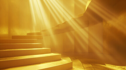 Canvas Print - Abstract golden light rays scene with stairs. Generative Ai