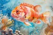 Watercolor close up of a fish at a colorful coral reef.