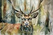 Watercolor close up of a majestic stag in a lush forest.