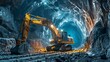 Excavator at work in a brightly lit tunnel, showing construction might
