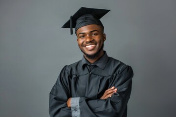 Wall Mural - A smiling young man in a black graduation gown with a black cap on his head