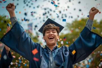 Wall Mural - A young man in a graduation gown is throwing confetti in the air