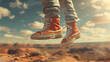 Dynamic footwear levitating in a desert scene with earthy tones