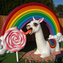 Cute Majestic Llama Alpaca Licking Taking Bite of Life-size Rainbow Lollipop Fluffy Cotton Candy Clouds Snacks Sweets Letter L Plush Stuffed Cartoon Character Festive Party Circus Animal.Cool Elegance