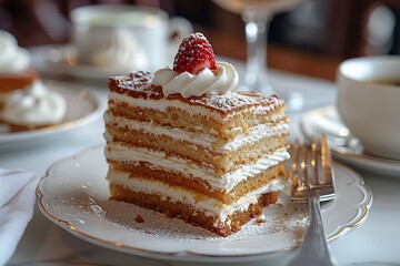 A piece of cream cake sits on the table, with white plates and coffee cups in the background.