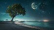 A mesmerizing fantasy illustration of a tropical beach landscape adorned with a silhouette tree under the night sky and a half moon, evoking a dreamlike wonder of nature. In the background,