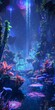 Ethereal garden floating in the vacuum of space with bioluminescent plants, floating water streams, variety of alien fauna basking in the light of nearby nebula created with Generative AI Technology