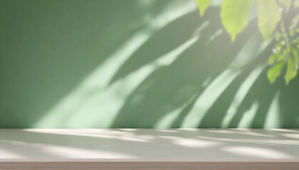 Wall Mural - Empty natural wooden table next to a light green wall, with plant leaves and shadows outdoors. Brown table with copy space for product advertising mockup. Terrace, balcony, backyard on a sunny day.