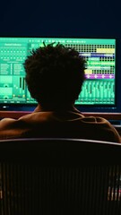 Wall Mural - Vertical Video African american music producer mixing and mastering tracks on audio console, twisting knobs and pushing sliders to edit tunes. Sound engineer producing new songs in control room