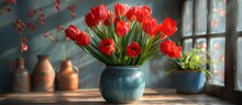 Red Flowers In Blue Vase On Table