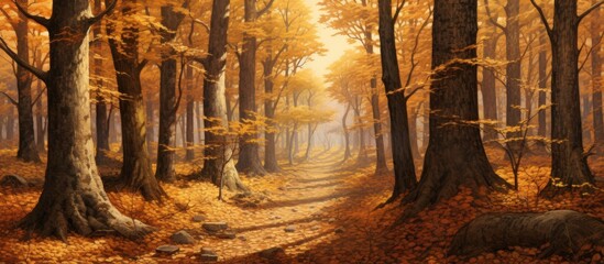 Poster - Serene forest scenery with a winding pathway surrounded by lush foliage and towering trees