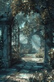 Fototapeta  - An enchanted garden hidden within medieval castle walls, where all plant life, including trees, has taken on a metallic hue, reflecting the old stone and ironwork created with Generative AI Technology