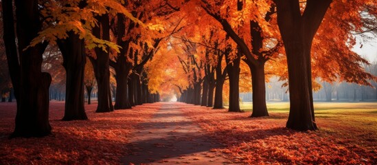 Poster - A scenic winding pathway flanked by trees in the autumn season, with colorful fallen leaves covering the ground